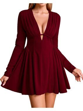 Women's Mini Dress Wine V Neck Fall Long Sleeve Bodycon Pull Over A Line Classic